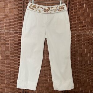 Larry Levine Stretch Women Crop Pants Embroidered, Embellished Waistband, Size 6